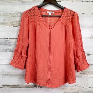 John Paul Richard Coral Lace V-Neck 3/4 Sleeve Textured Crochet Tunic Top XL